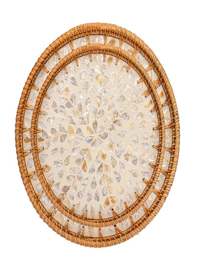 Frcctre 2 Pack Round Rattan Tray with Mother of Pearl Inlay, Rattan Serving Tray with Wooden Base, Decorative Wicker Basket for Bread Fruit Food Coffee Breakfast, Storage and Display, 2 Sizes - Image 5