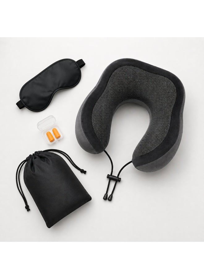 Inflatable Travel Neck Pillow Set with Eye Mask, Earplugs & Storage Bag, Soft Velvet, Gray - Image 4
