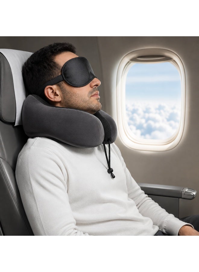 Inflatable Travel Neck Pillow Set with Eye Mask, Earplugs & Storage Bag, Soft Velvet, Gray - Image 3