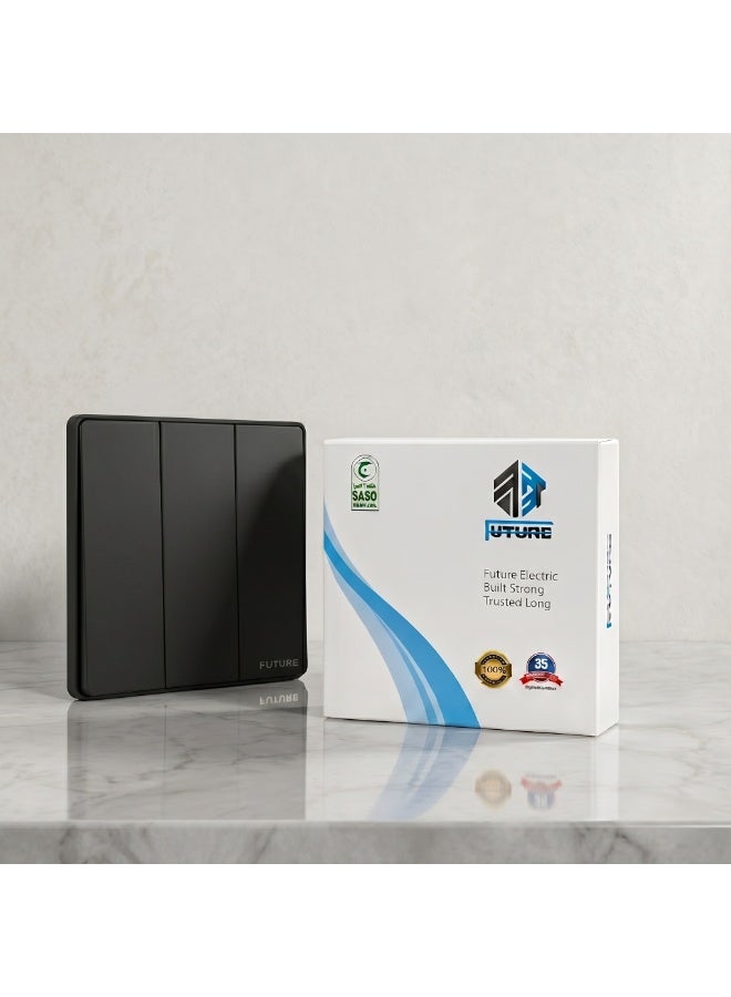 Future 3 Gang 2 Way Switch | 10A Wall Light Switch | Premium Black Finish | Three Gang Two Way Electrical Switch | Modern Home & Office Wall Switch | 250V | 35 Years Warranty - Image 2