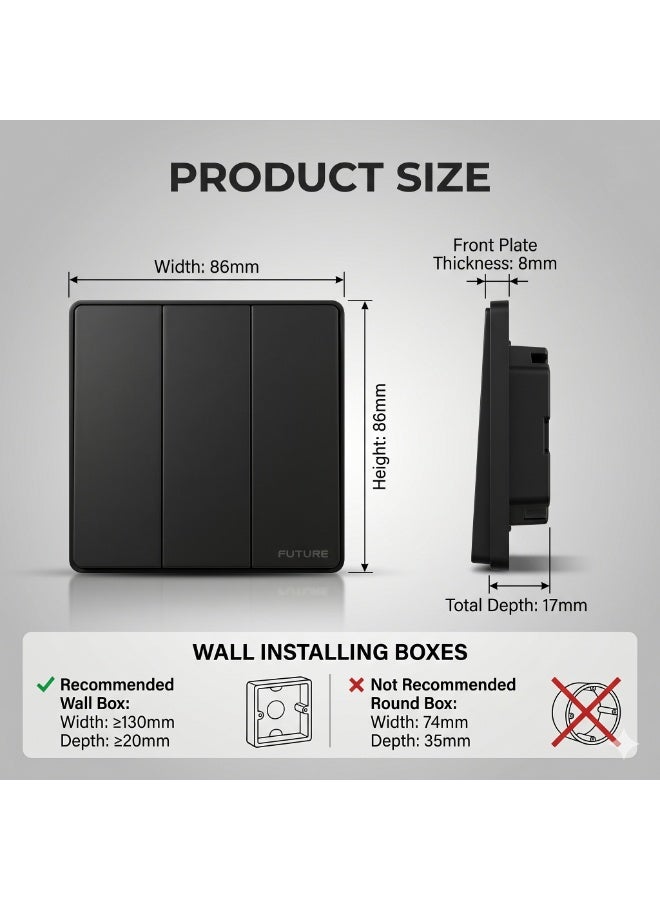 Future 3 Gang 2 Way Switch | 10A Wall Light Switch | Premium Black Finish | Three Gang Two Way Electrical Switch | Modern Home & Office Wall Switch | 250V | 35 Years Warranty - Image 3