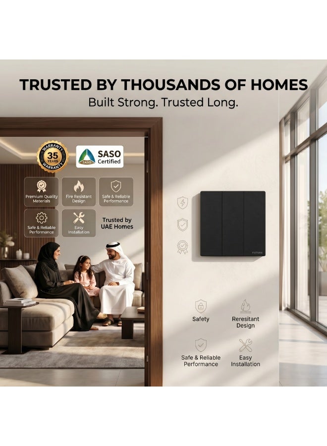 Future 3 Gang 2 Way Switch | 10A Wall Light Switch | Premium Black Finish | Three Gang Two Way Electrical Switch | Modern Home & Office Wall Switch | 250V | 35 Years Warranty - Image 5