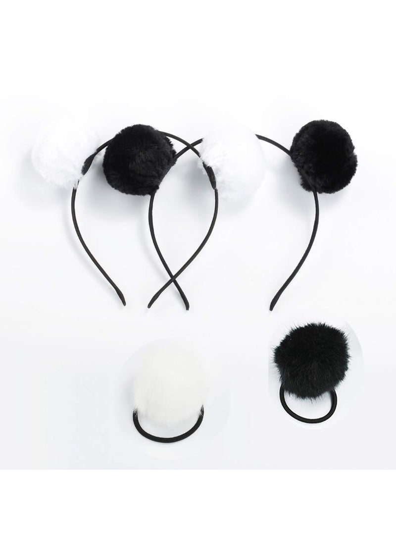 lasenersm lasenersm 4 Pieces 2 Pairs Fluffy Furry PomBall Headband and Elastic Hair Ties Fuzzy Faux Fur Animal Ears Double PomHeadband PomBall Hair Band for Girls and Women 