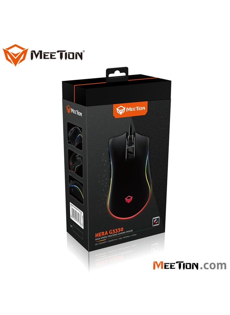 Meetion - MT-G3330 High Performance Gaming Mouse Optical Wired Mouse with 8000 Adjustable DPI with RGB Light Weight Hyper Scroll Tilt Wheel Classic Black Back Lighting Elevate Your Gameplay Stylish - Image 1