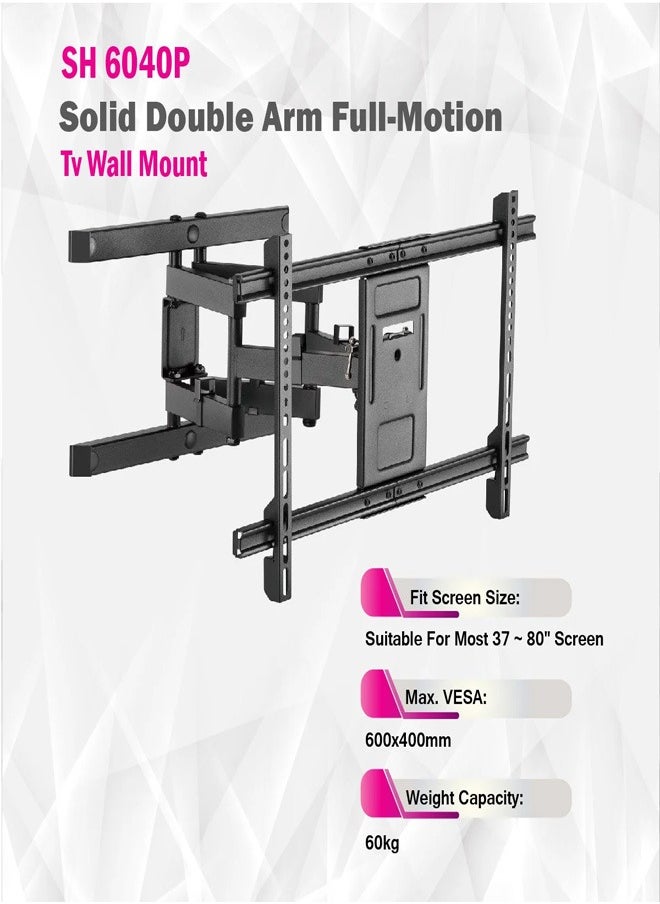 Skill Tech SH 6040P Full-Motion TV Wall Mount Bracket for 32"-80" LED LCD Screens, VESA 600x400, Adjustable Arm 77–428mm, 60kg Load Capacity – Black  - Image 5