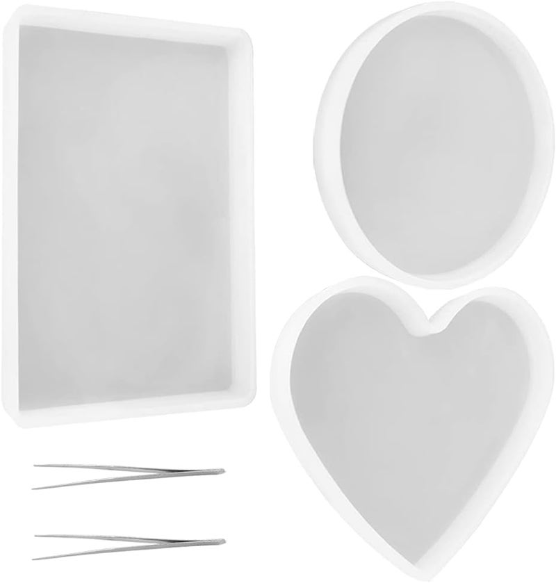 findTop 3 Pcs Silicone Molds with 2 Tweezers Include Round Rectangle Heart Shaped Coaster Mold for DIY Decorative Coaster - Image 1