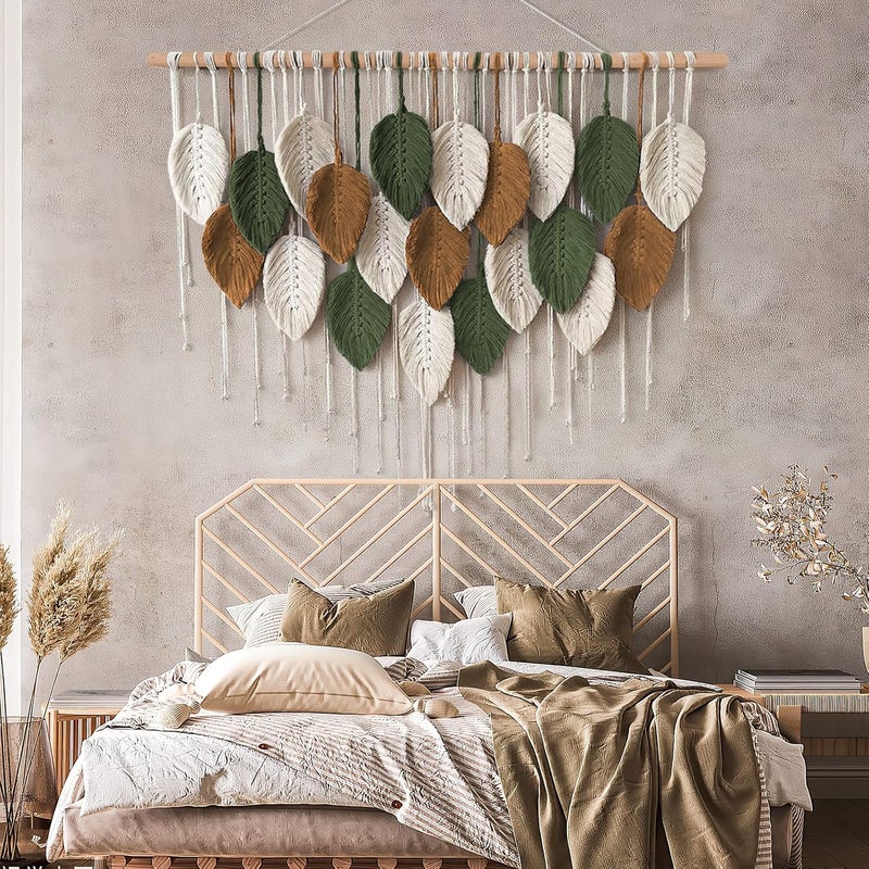 KHOYIME Large Macrame Wall Hanging Boho Woven Tapestry, Chic Home Decor Modern Bohemian Handmade Leaf Feather Wall Art Decorations for Apartment Dorm Living Room Bedroom Nursery Backdrop 39"W X 29.5"L - Image 4