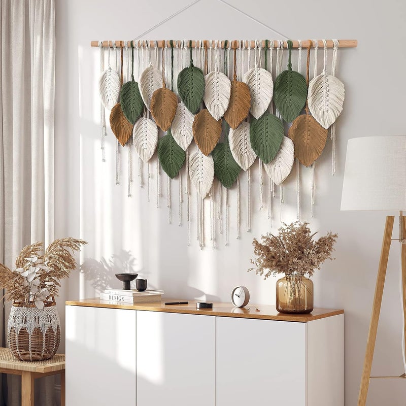 KHOYIME Large Macrame Wall Hanging Boho Woven Tapestry, Chic Home Decor Modern Bohemian Handmade Leaf Feather Wall Art Decorations for Apartment Dorm Living Room Bedroom Nursery Backdrop 39"W X 29.5"L - Image 5