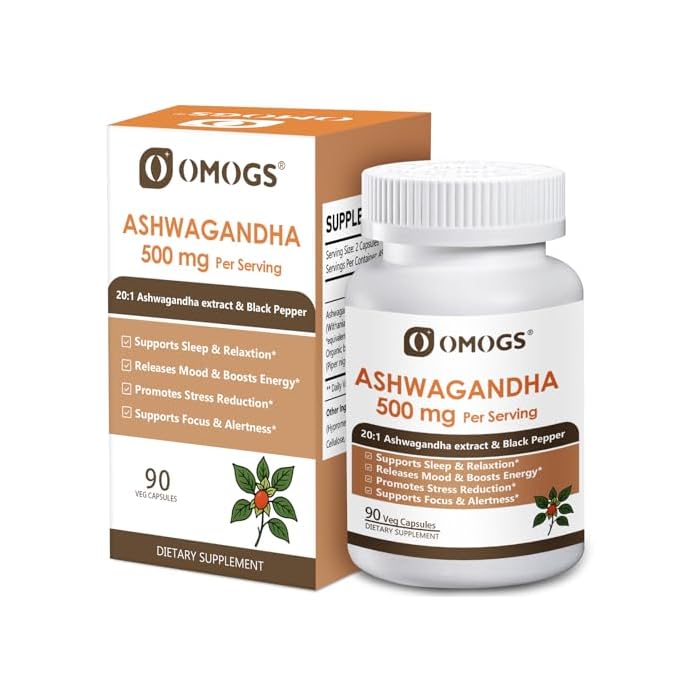 OMOGS Organic Ashwagandha, Pure Herb Extract, Added Black Pepper, High Absorption, for Boosts Energy, Sleep, Focus, Stress Relief.& Immune Support, Non-GMO, 90 Vegetable Capsules - Image 1