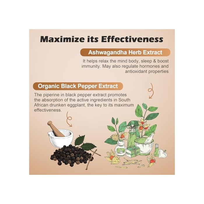 OMOGS Organic Ashwagandha, Pure Herb Extract, Added Black Pepper, High Absorption, for Boosts Energy, Sleep, Focus, Stress Relief.& Immune Support, Non-GMO, 90 Vegetable Capsules - Image 3