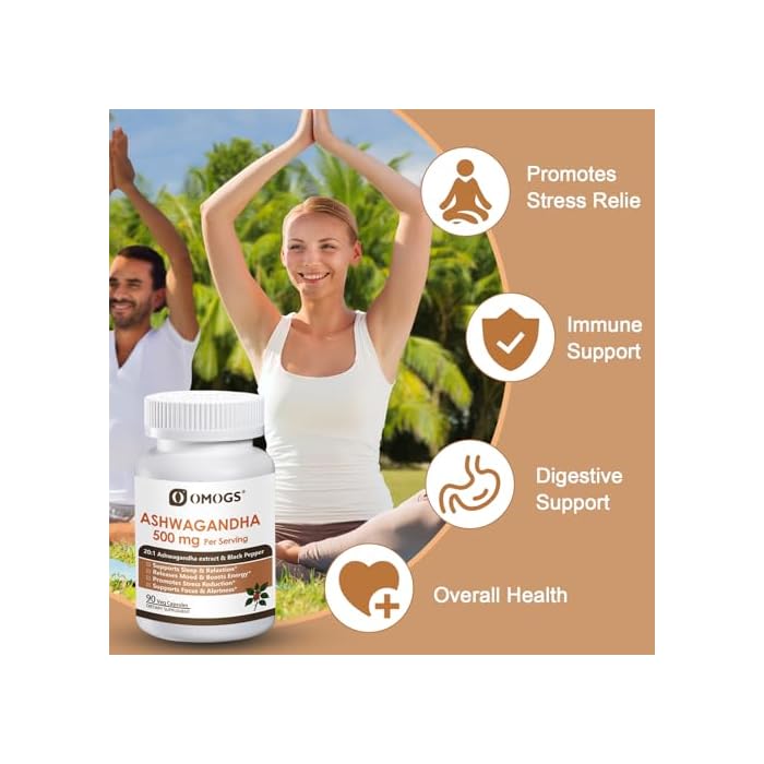 OMOGS Organic Ashwagandha, Pure Herb Extract, Added Black Pepper, High Absorption, for Boosts Energy, Sleep, Focus, Stress Relief.& Immune Support, Non-GMO, 90 Vegetable Capsules - Image 5