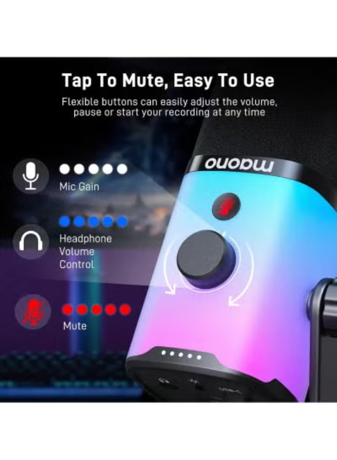 Maono PD100X RGB XLR/USB Dynamic Microphone with Cardioid Pickup Pattern, RGB Lighting, Noise Reduction, Adjustable Gain & Desktop Stand - Image 3