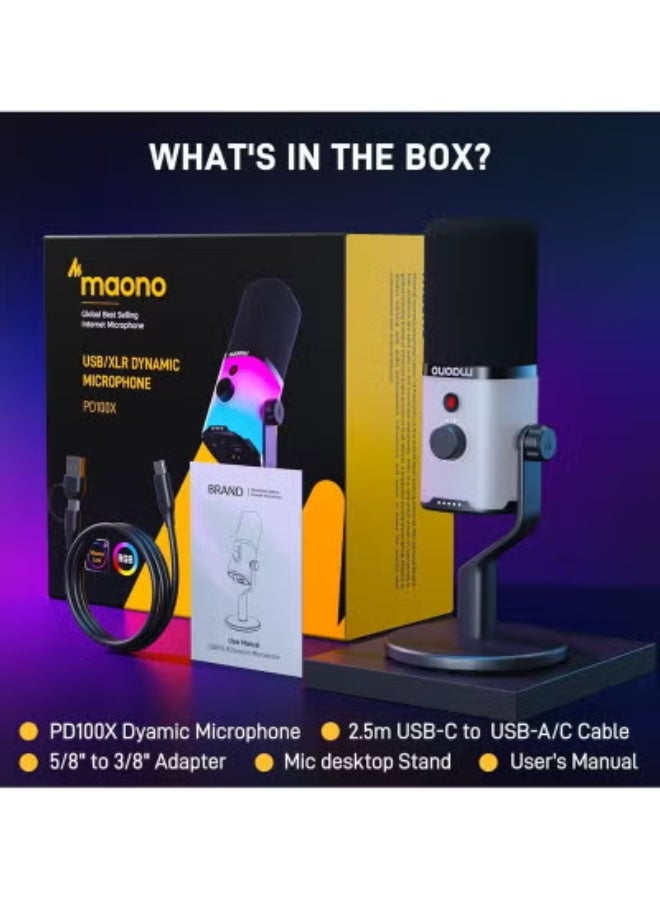 Maono PD100X RGB XLR/USB Dynamic Microphone with Cardioid Pickup Pattern, RGB Lighting, Noise Reduction, Adjustable Gain & Desktop Stand - Image 2