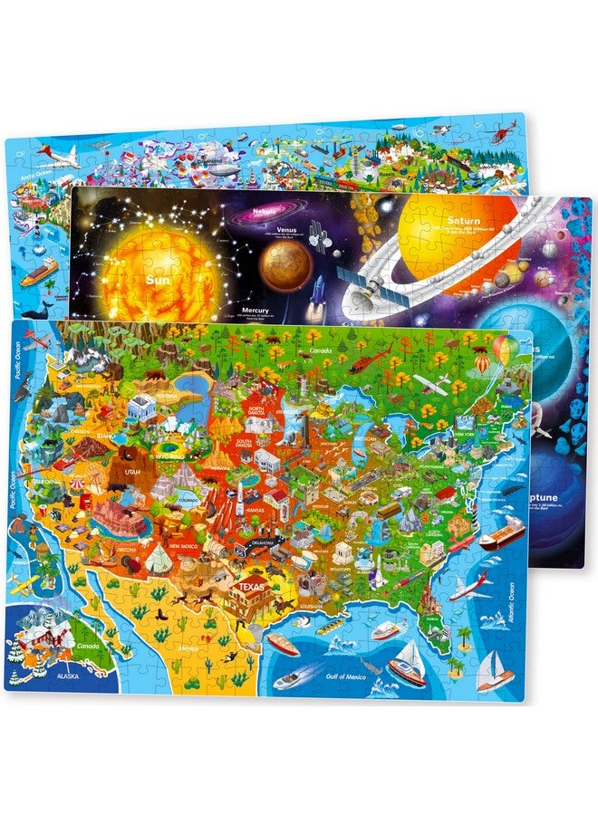 QUOKKA Puzzles for Kids Ages 4-6 - 3 Set 300 Piece Puzzles for Kids 6-8 - Learning Map of The United States World Space Puzzle - Educational Games for Kid 8-10 - Toys for 12 Year Old Boys and Girls - Image 1
