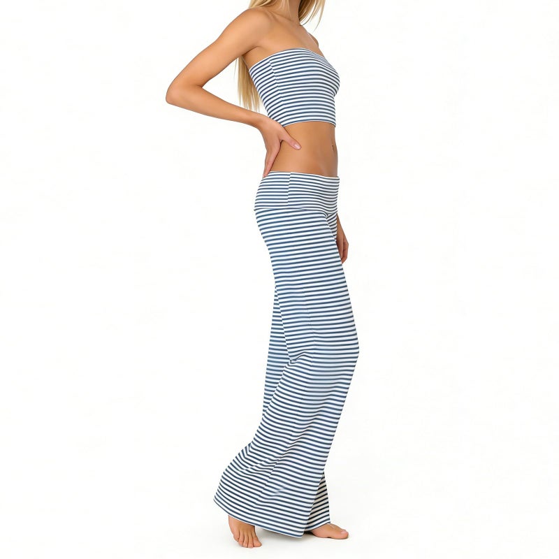 FOMOYUU Lounge Yoga Pants for Women Fold Over Low Waist Wide Leg Sweatpants Flare Leggings Bell Bottoms Y2K Foldover Pants (White+Blue, M) - Image 5