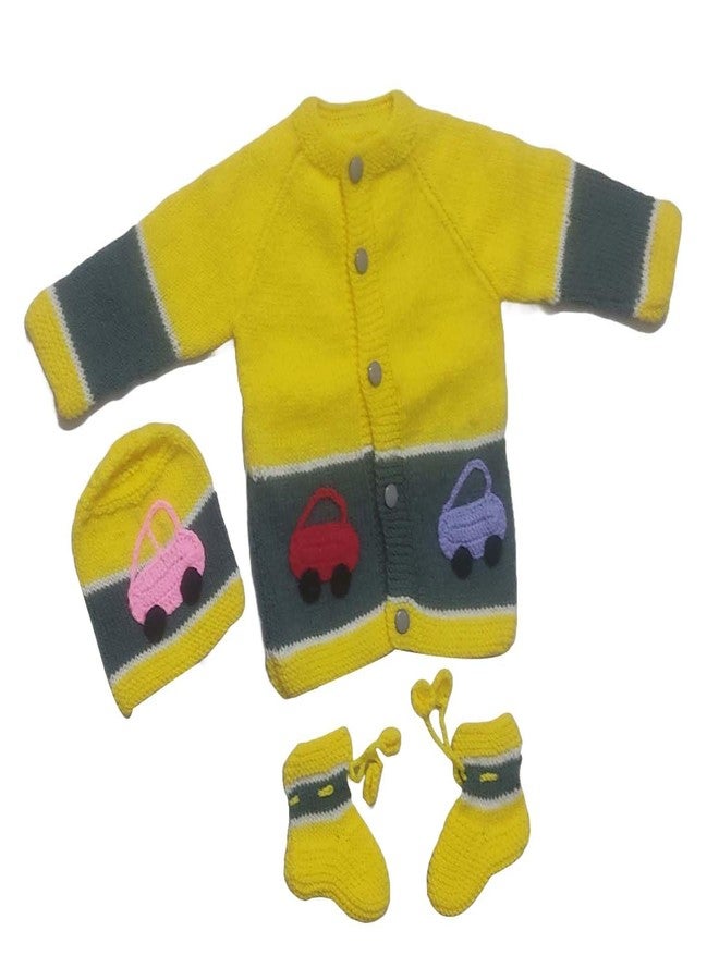 Cute Collection Hand Knitted Woolen Sweater with Cap and Socks Set for Winter 6-12 Months Baby and New Born Baby - Image 1