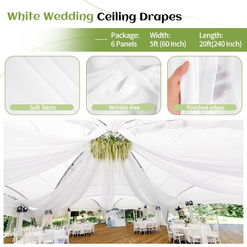 Showgeous 6 Panels White Ceiling Drapes for Wedding Ceiling Drapes 5ftx20ft Wedding Arch Draping Fabric Sheer Curtains Voile Chiffon Drapery Draping Wedding Ceiling Decorations for Party Ceremony Stage Swag - Image 4