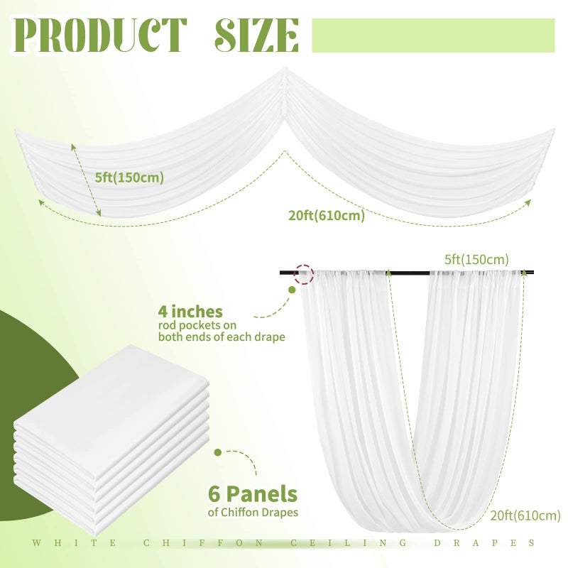 Showgeous 6 Panels White Ceiling Drapes for Wedding Ceiling Drapes 5ftx20ft Wedding Arch Draping Fabric Sheer Curtains Voile Chiffon Drapery Draping Wedding Ceiling Decorations for Party Ceremony Stage Swag - Image 2