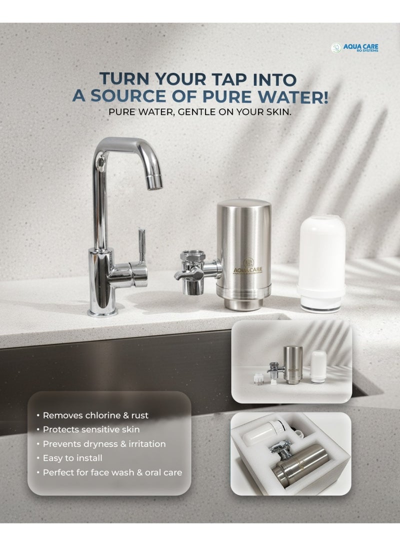 Aquacare Stainless-Steel Faucet Water Filter, Carbon Block Water Filtration System, Tap Water Filter, Reduces Chlorine, Heavy Metals and Bad Taste (1 Filter Included) - Image 2