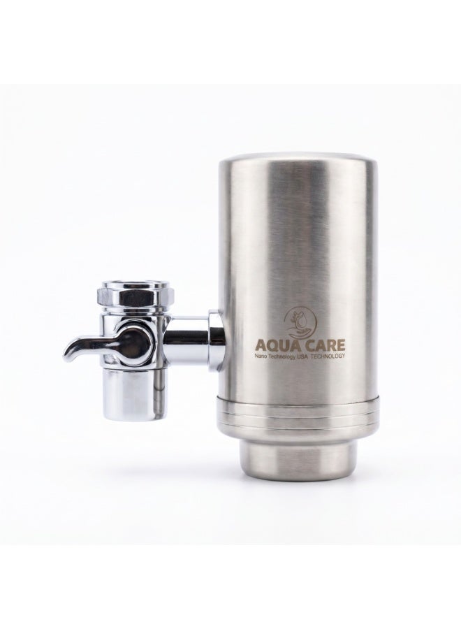 Aquacare Stainless-Steel Faucet Water Filter, Carbon Block Water Filtration System, Tap Water Filter, Reduces Chlorine, Heavy Metals and Bad Taste (1 Filter Included) - Image 1