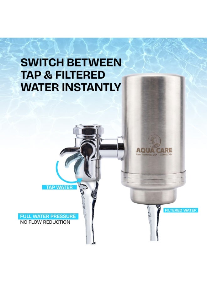 Aquacare Stainless-Steel Faucet Water Filter, Carbon Block Water Filtration System, Tap Water Filter, Reduces Chlorine, Heavy Metals and Bad Taste (1 Filter Included) - Image 3