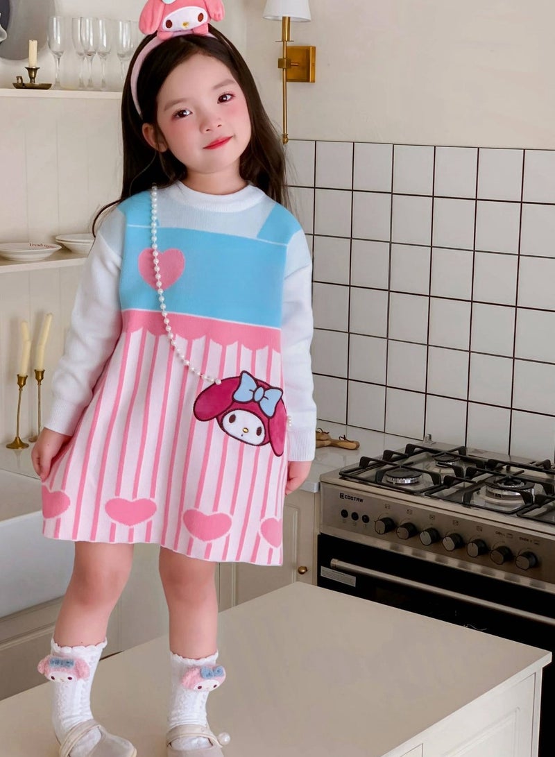 Girl's Stylish Cartoon Love Fake Two-Piece Sweater Knitted Dress - Image 1