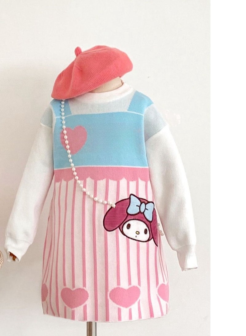 Girl's Stylish Cartoon Love Fake Two-Piece Sweater Knitted Dress - Image 2