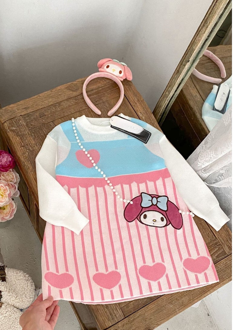 Girl's Stylish Cartoon Love Fake Two-Piece Sweater Knitted Dress - Image 3