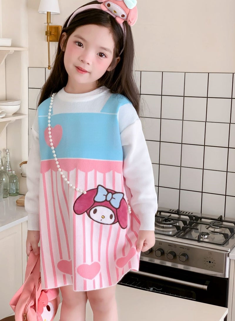 Girl's Stylish Cartoon Love Fake Two-Piece Sweater Knitted Dress - Image 4