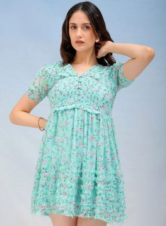 Women Fit and Flared Floral Printed V-Neck Long Sleeve Ruffle Dress