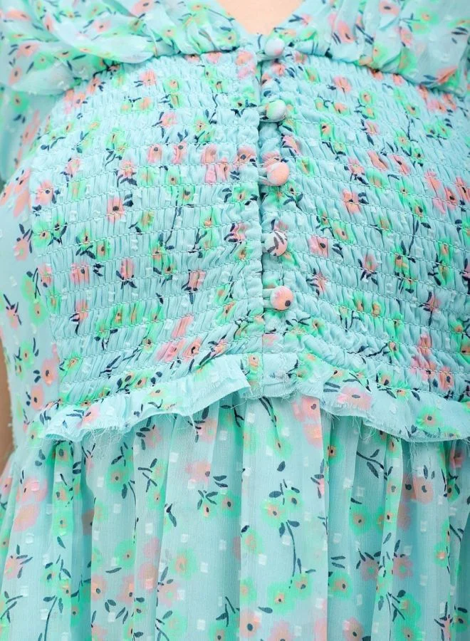 Freehand  Women Fit and Flared Floral Printed V-Neck Long Sleeve Ruffle Dress for Women | Best Price UAE