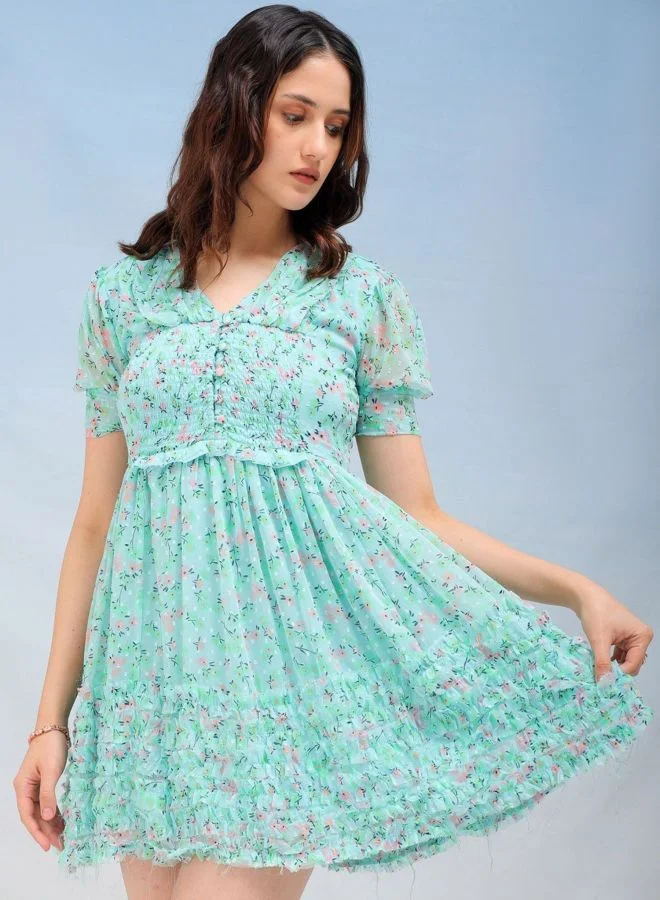 Freehand  Women Fit and Flared Floral Printed V-Neck Long Sleeve Ruffle Dress for Women | Best Price UAE