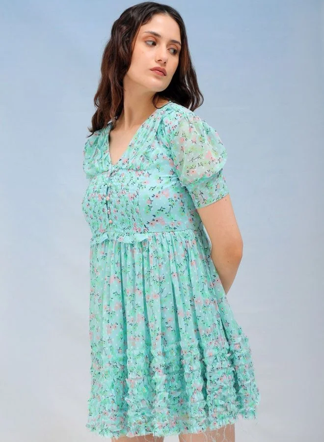 Freehand  Women Fit and Flared Floral Printed V-Neck Long Sleeve Ruffle Dress for Women | Best Price UAE