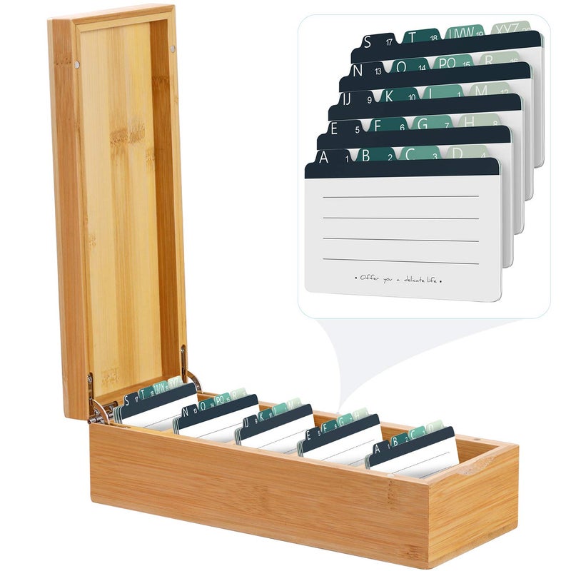 MaxGear Business Card Holder for Desk, 2.2 x 3.5 Inch Bamboo Index Card Organizer Box with A-Z Tab & 5 Dividers, Holds Up to 600 Cards, Ideal for Business, Recipe, and Note Storage - Image 1