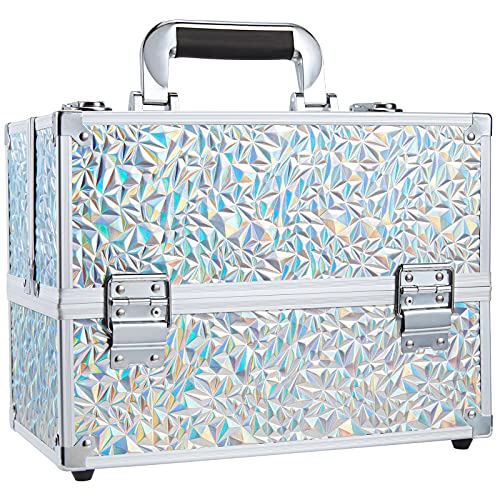 FRENESSA Makeup Case Cosmetic Train Case Organizer 118 Inch Large Makeup Box Travel Storage Make Up Train Carrying Case with 6 Trays Locking Hard Vanity Storage Glitter Silver