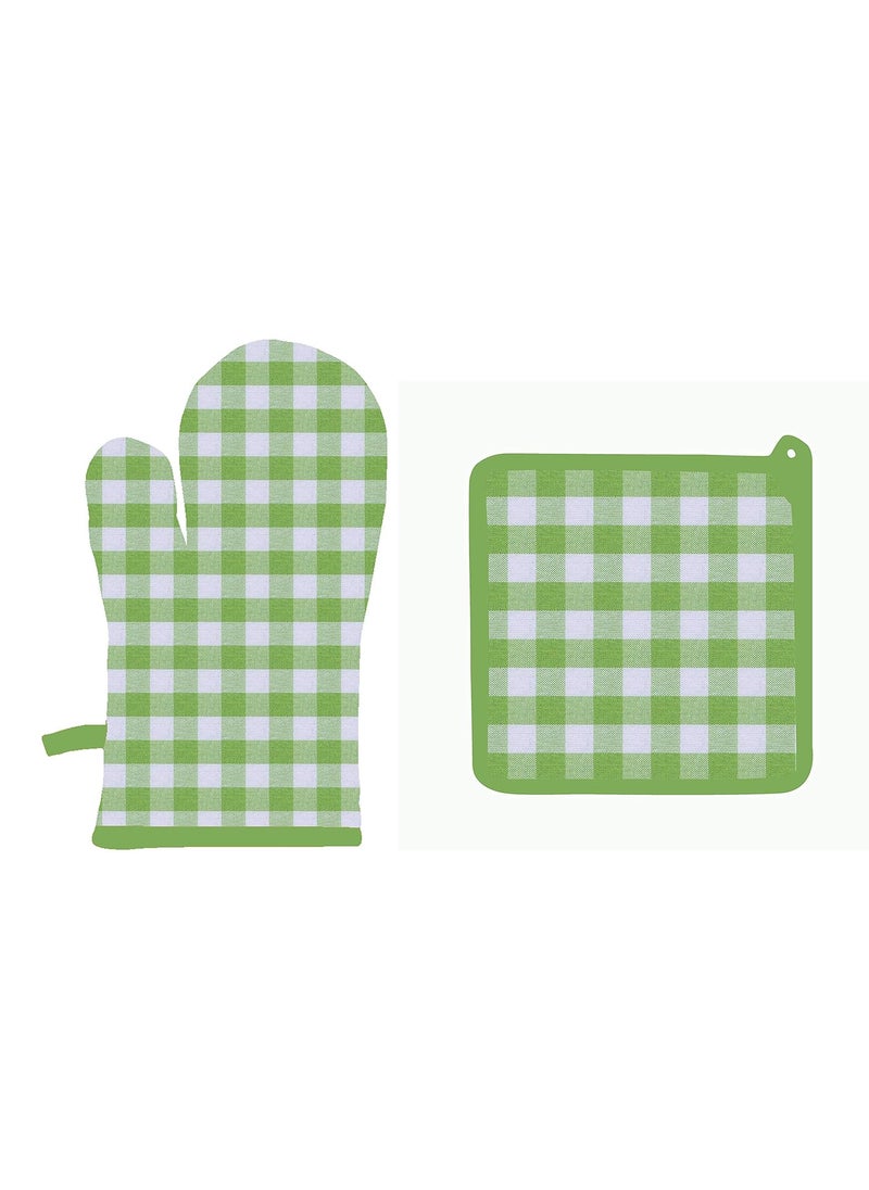 AIRWILL Airwill Cotton Designer Pattern Heat Resistant Kitchen Linens 1 Oven Mitt 1 Pot Holder GreenWhite  - Image 1