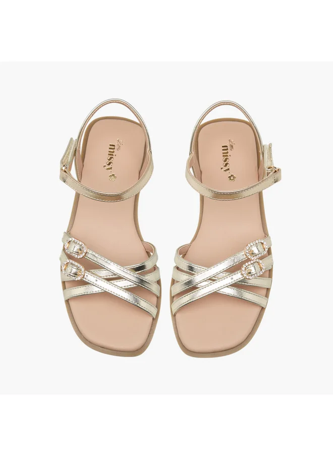 Little Missy Girls Buckle Detail Flat Sandals with Hook and Loop Closure