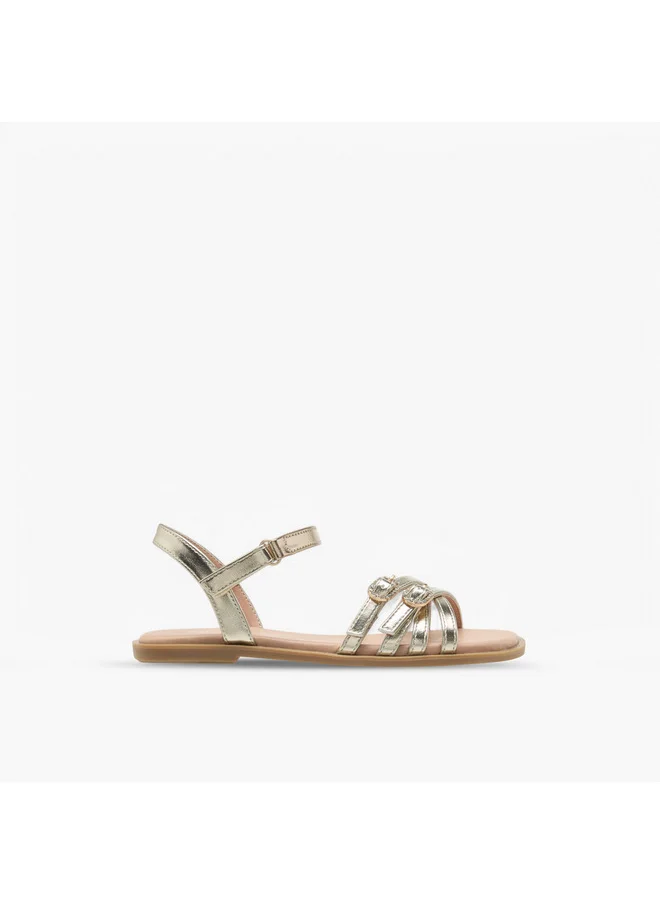 Little Missy Girls Buckle Detail Flat Sandals with Hook and Loop Closure