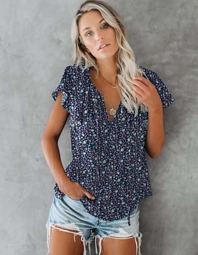 SimpleFun Womens Tops Floral Print Short Sleeve Pleated Shirts Boho Summer V Neck Blouses (Navy Blue,XXL) - Image 2