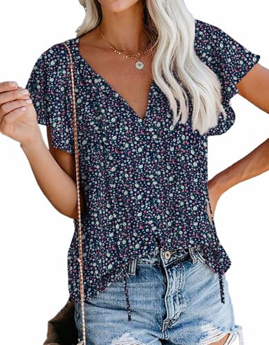 SimpleFun Womens Tops Floral Print Short Sleeve Pleated Shirts Boho Summer V Neck Blouses (Navy Blue,XXL) - Image 4