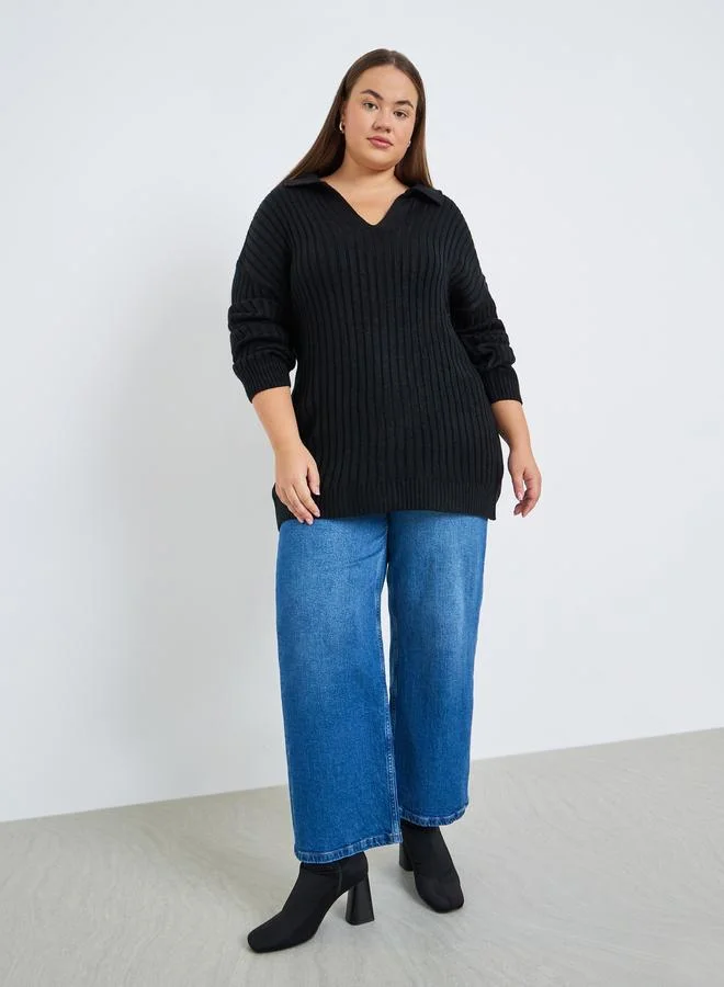 ستايلي سويتر محبوك مضلع بقصة عادية مقاس كبير