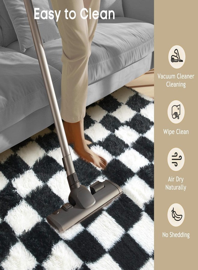 Ophanie Checkered Black & White Rug for Living Room Bedroom, Fluffy Soft Cute Fuzzy Area Rugs, Shag Plush Shaggy Bedside Floor 4x6 Furry Carpet for Kids Baby Teen Dorm Nursery Home Decor Aesthetic - Image 5
