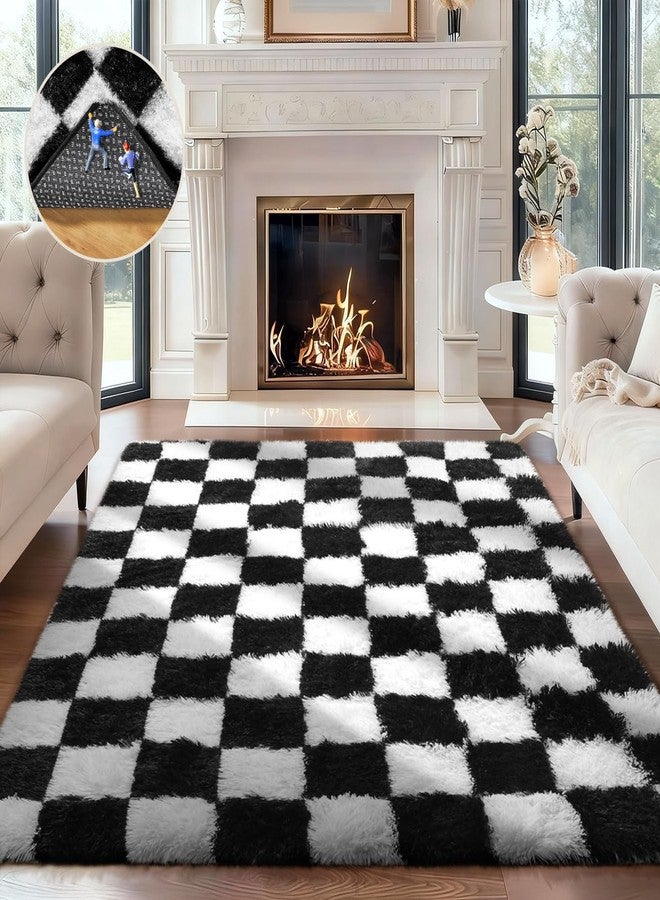 Ophanie Checkered Black & White Rug for Living Room Bedroom, Fluffy Soft Cute Fuzzy Area Rugs, Shag Plush Shaggy Bedside Floor 4x6 Furry Carpet for Kids Baby Teen Dorm Nursery Home Decor Aesthetic - Image 1