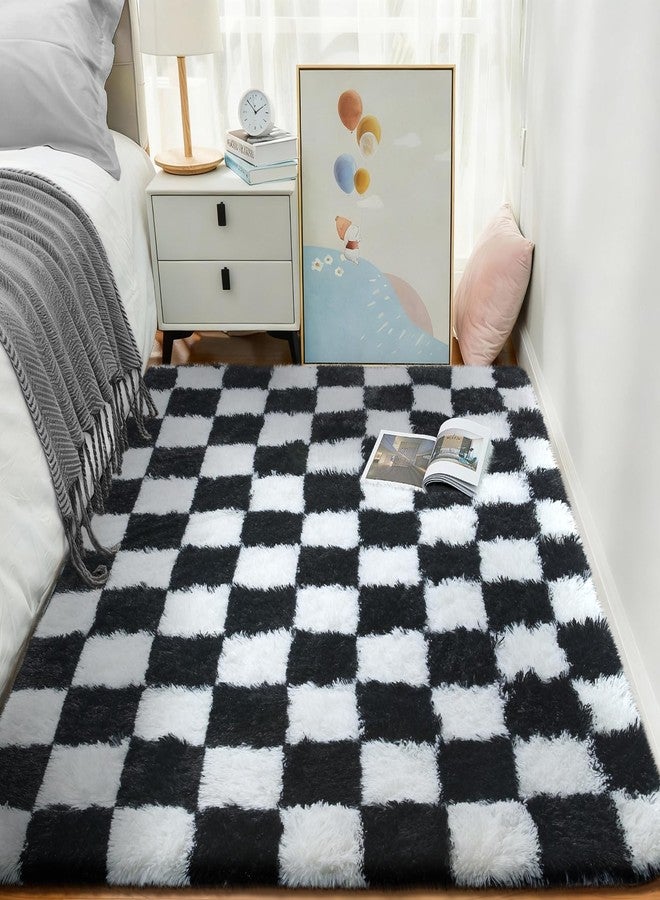 Ophanie Checkered Black & White Rug for Living Room Bedroom, Fluffy Soft Cute Fuzzy Area Rugs, Shag Plush Shaggy Bedside Floor 4x6 Furry Carpet for Kids Baby Teen Dorm Nursery Home Decor Aesthetic - Image 3