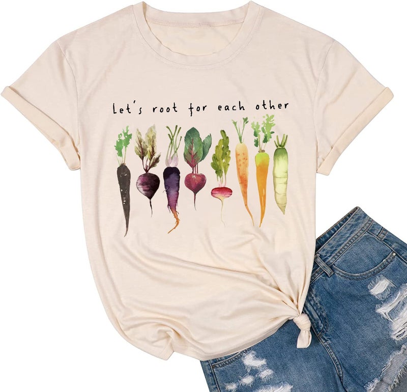 MYCHTE Let's Root for Each Other Plants Shirt for Women Novelty Vegetable Graphic Gardening Tees Funny Plant Lover T-Shirt (XXL, Beige) - Image 1