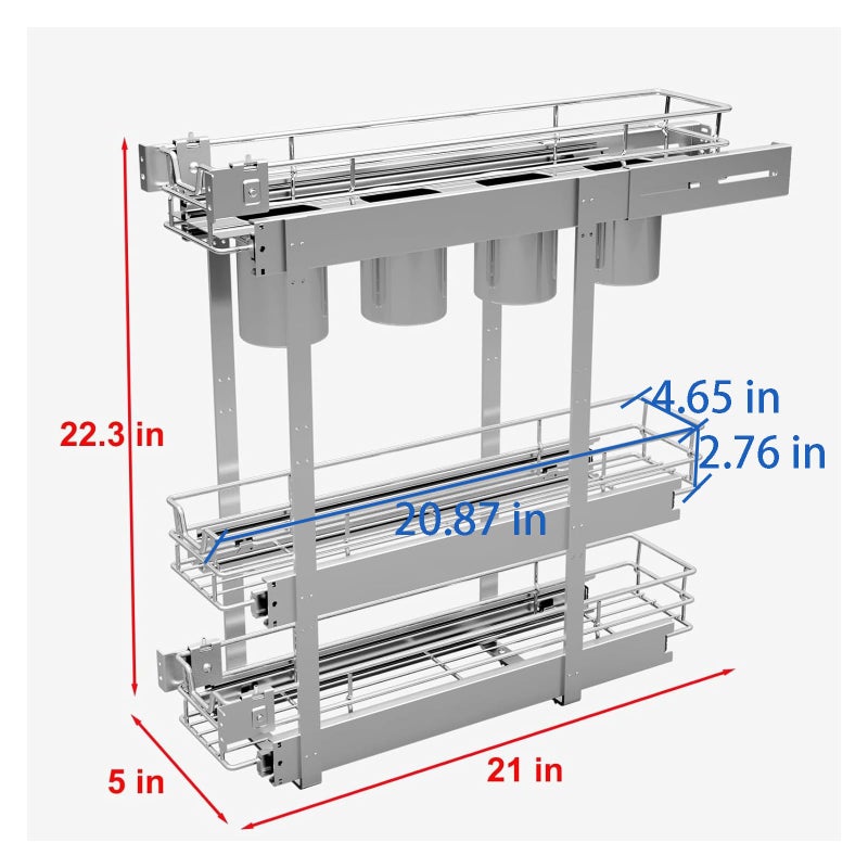 Sikarou 3-Tier 5" W x 21" D Narrow Pull Out Cabinet Organizer, Roll out Spice Rack Holder Shelve, Slide Out Slim Storage Wire Baskets for Storage Organization - Image 2