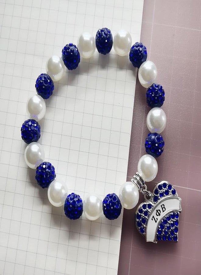 muiot Blue Element Sorority Society ZETA ZPB Letter Heart-shaped Charms Bracelet Women Imitation Pearl Elastic Bangle - Image 5