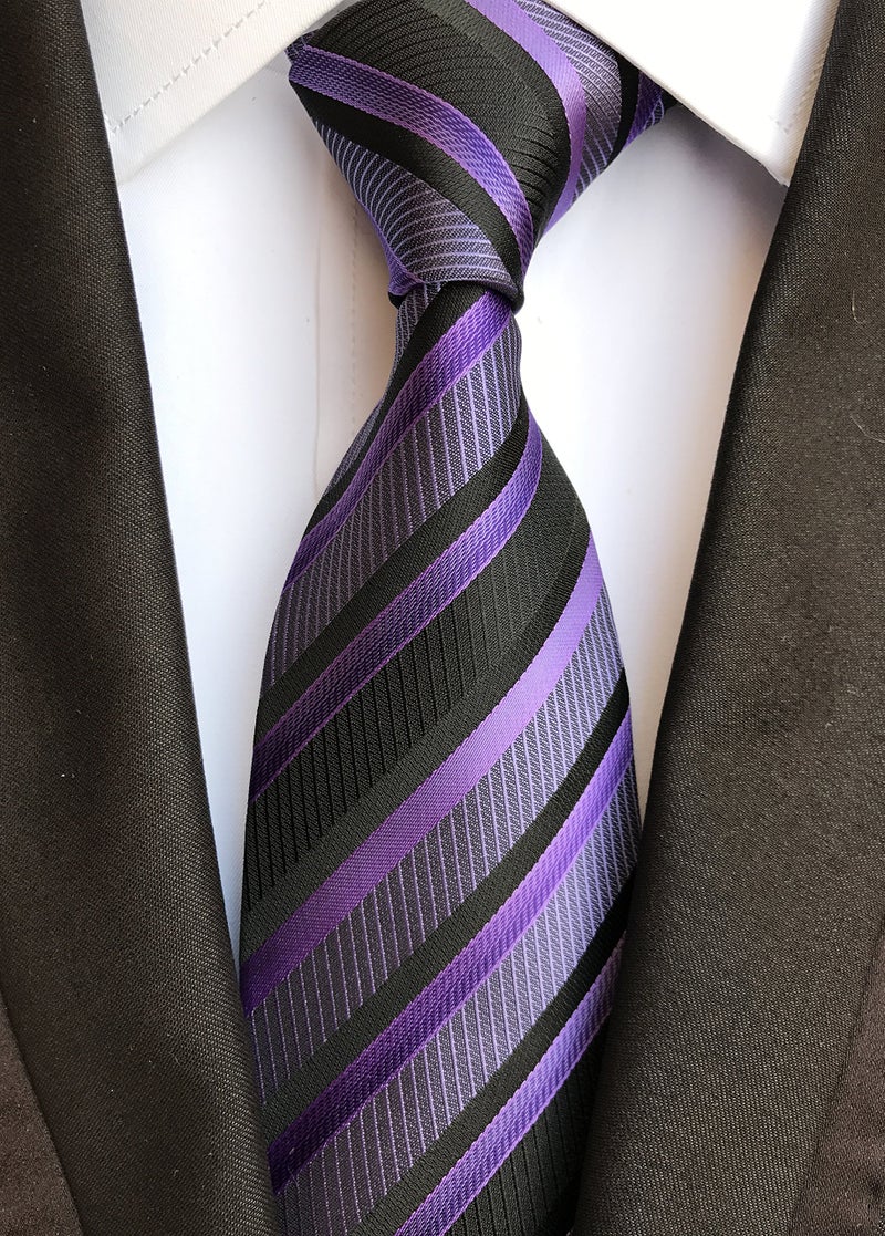 Secdtie Men's Classic Stripe Jacquard Woven Silk Tie Formal Party Suit Necktie (One Size, Black purple) - Image 2