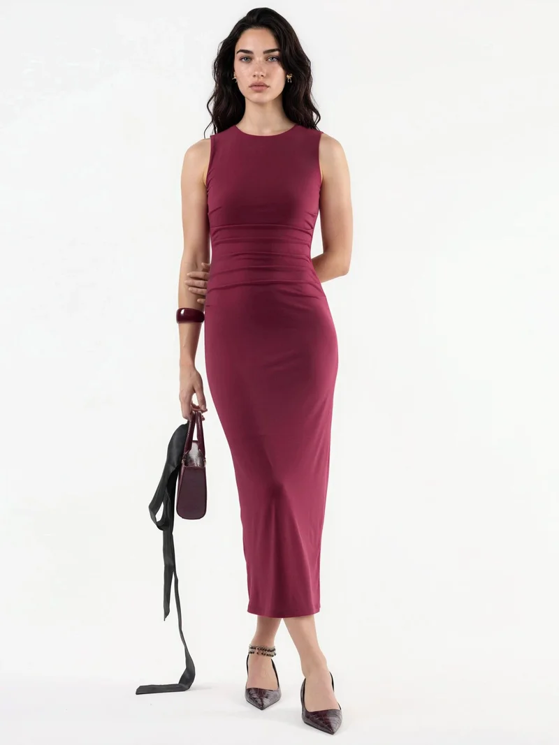هيكاب Fitted Drape Detail Midi Dress with Crew Neck