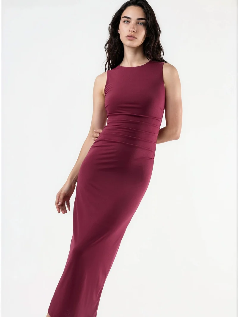هيكاب Fitted Drape Detail Midi Dress with Crew Neck